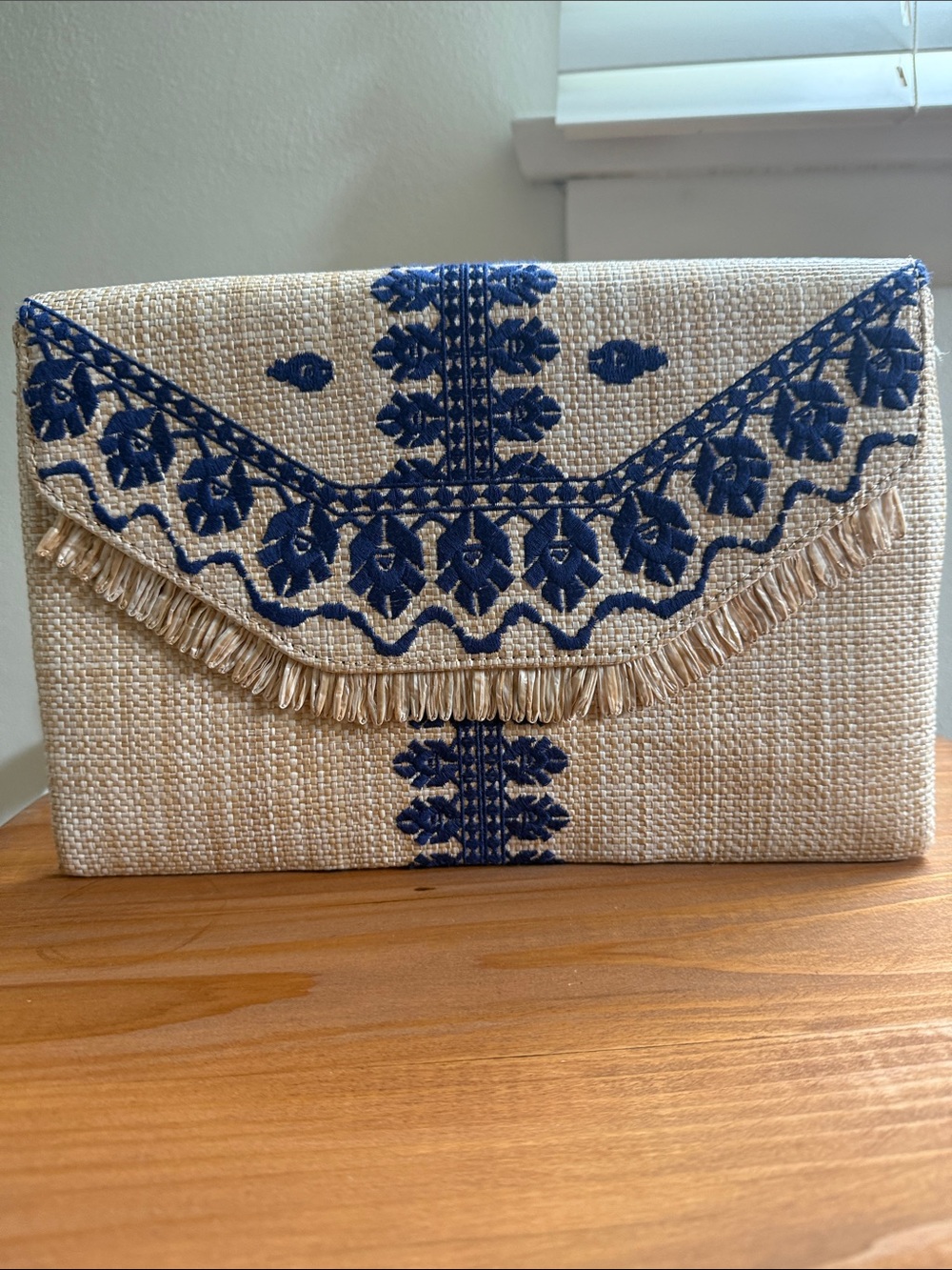 Stella & Dot Beige Clutch with Navy Blue Embroidered Detail